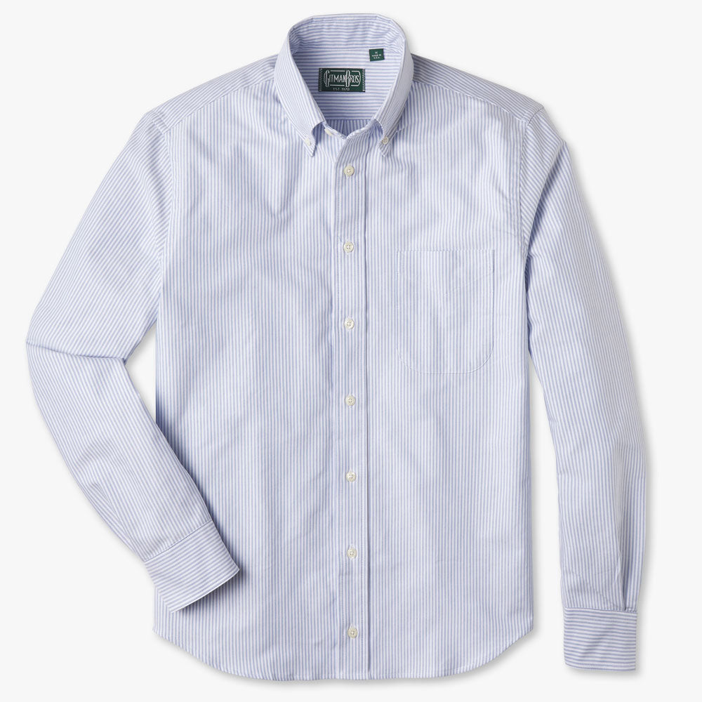 Long sleeve button down shirt with white buttons and blue and white striped oxford cloth fabric