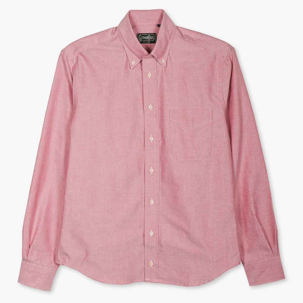 Button down shirt with white buttons and red Oxford cloth fabric