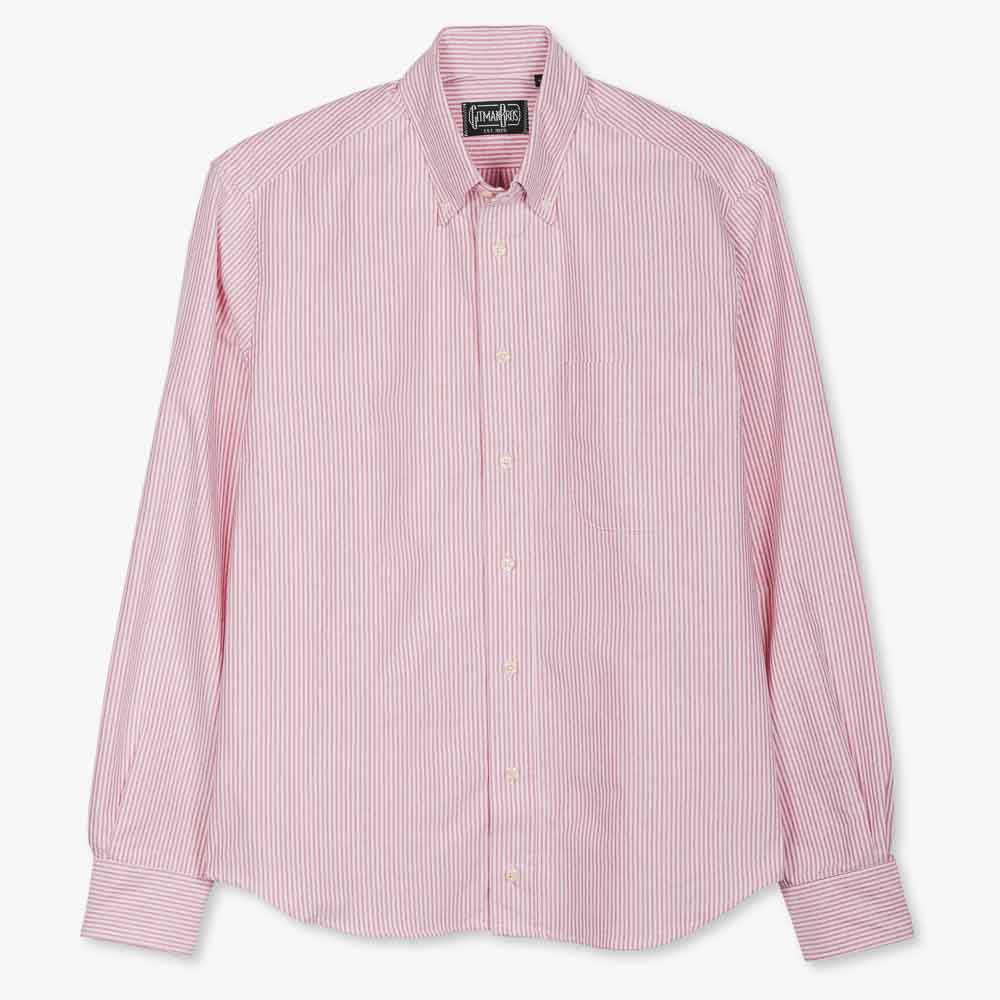 Button down shirt with white buttons and red and white striped Oxford cloth fabric
