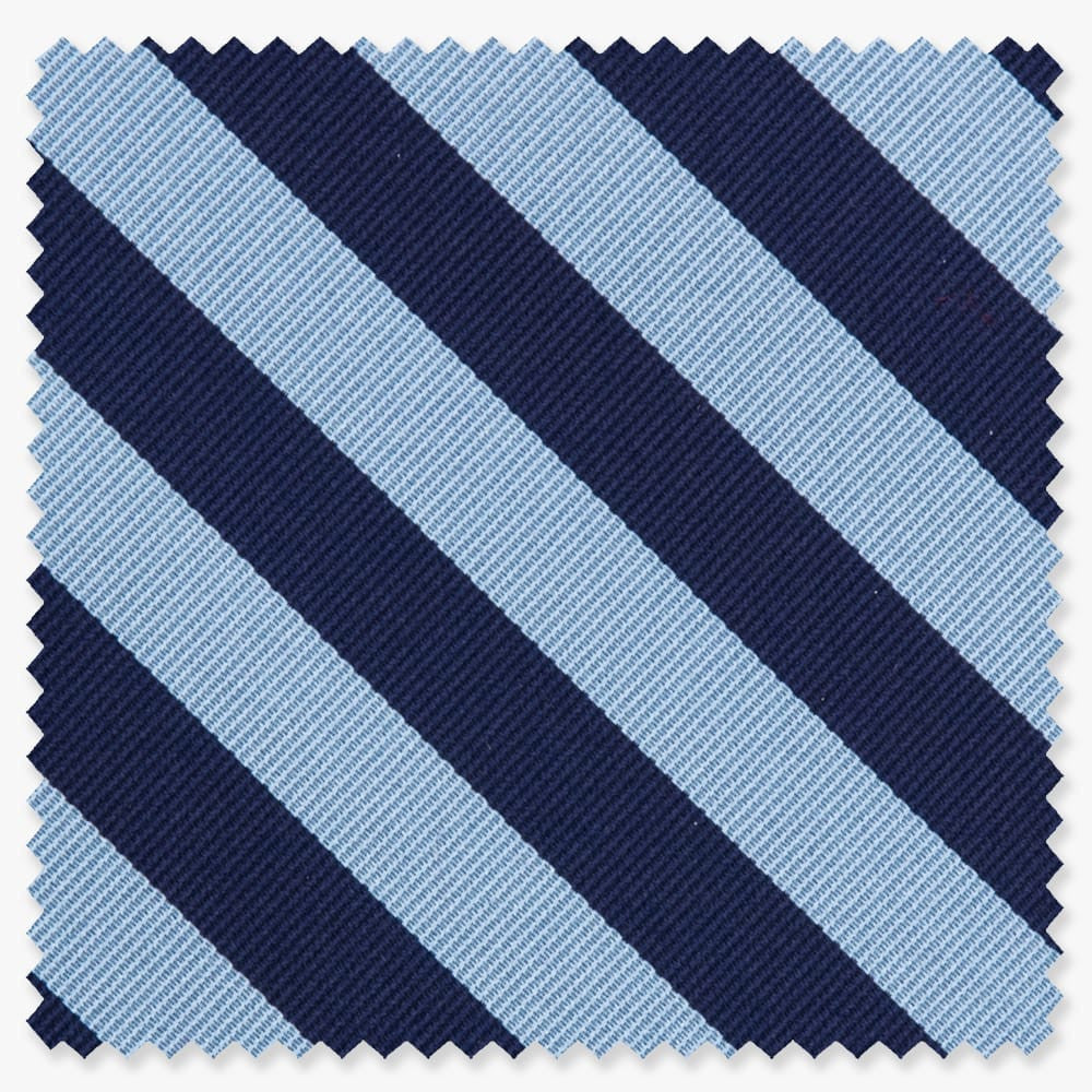 Swatch of tie fabric showing navy and light blue stripes