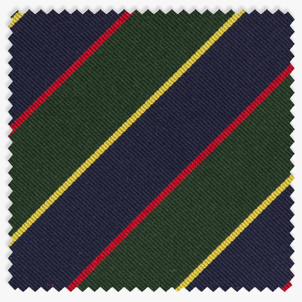 Swatch of tie fabric with blue, red, green, and yellow regimental stripes