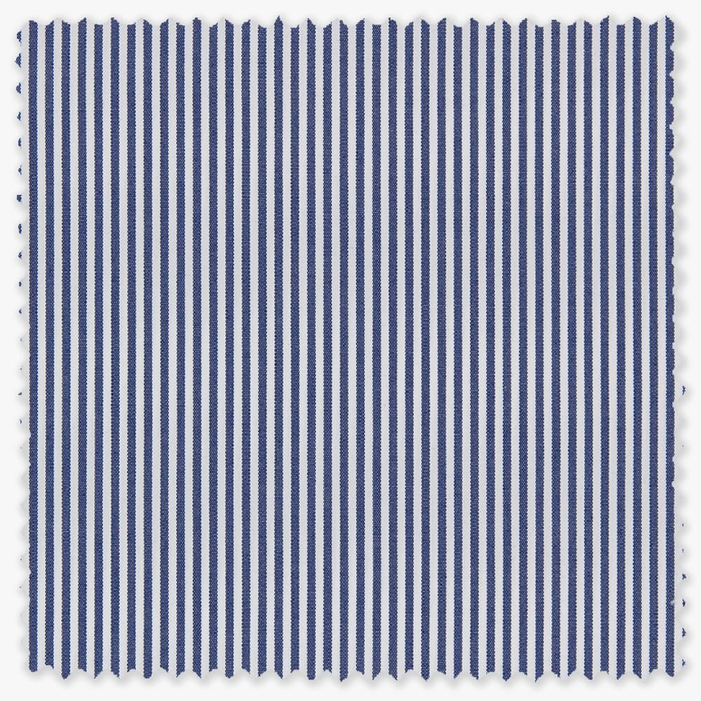 fabric swatch of navy blue bengal stripes over a white ground
