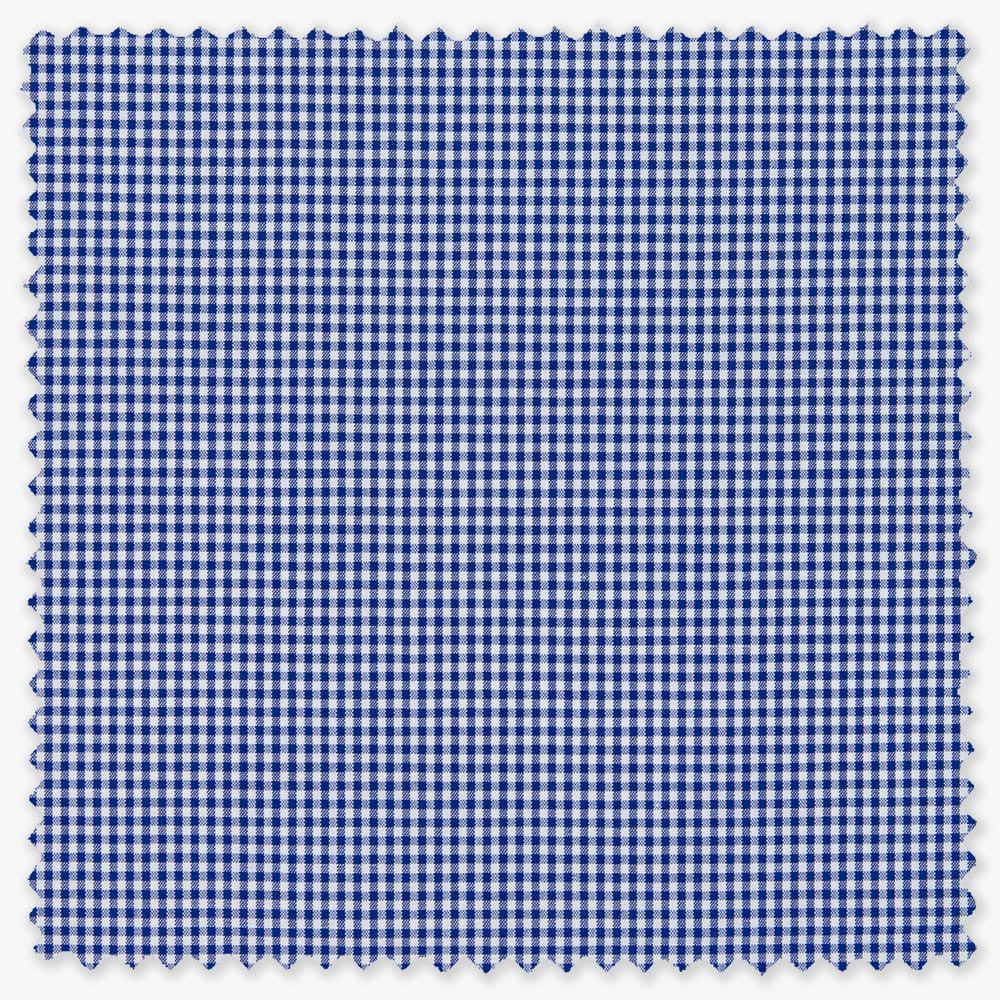 fabric swatch of compact navy blue miniature gingham check over white ground