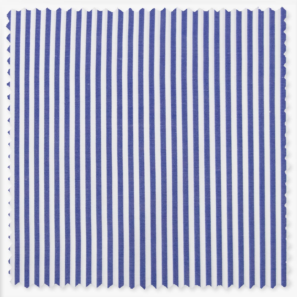 fabric swatch of navy blue bengal stripes over a white ground
