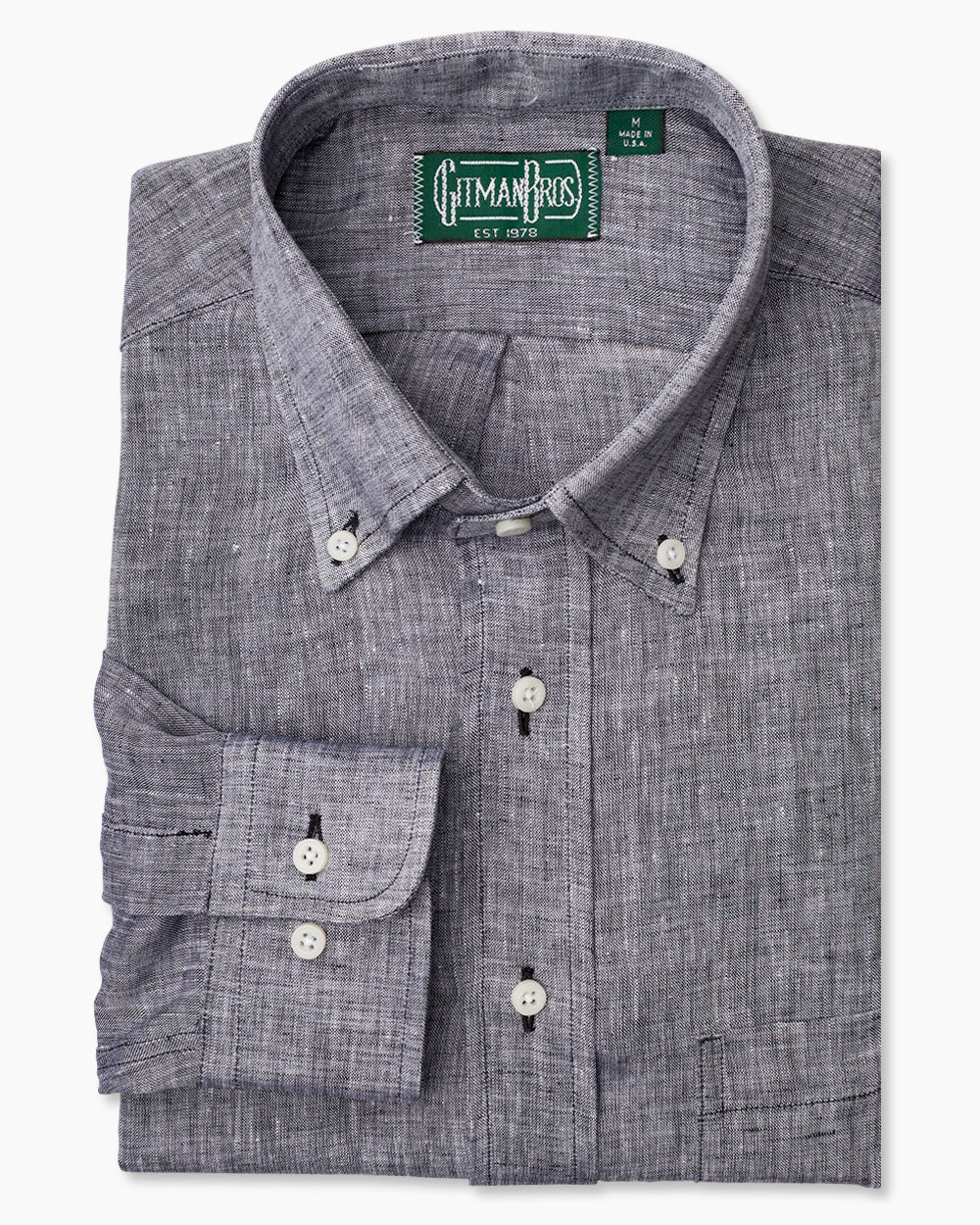 The Grey Canclini Linen shirt with a button down collar and white buttons on a stitched placket.