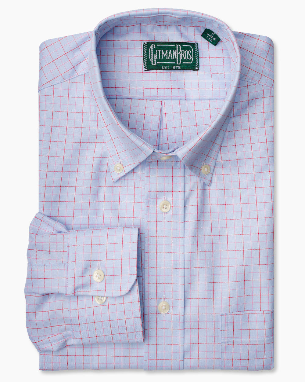 The Red Windowpane 100s Twill shirt with a button down collar and white buttons on a stitched placket.