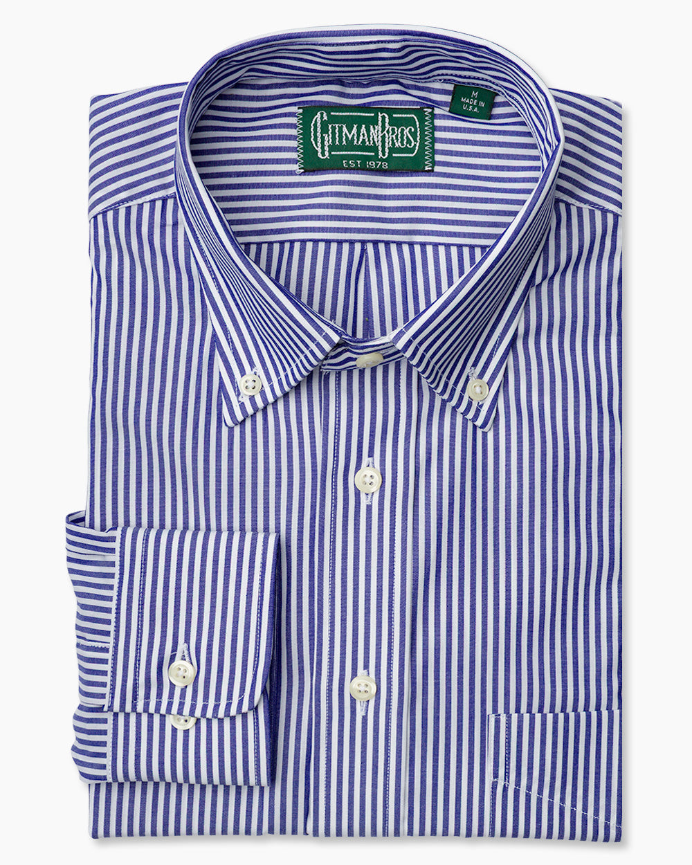 The Navy Bengal Stripe shirt with a button down collar and white buttons on a stitched placket.