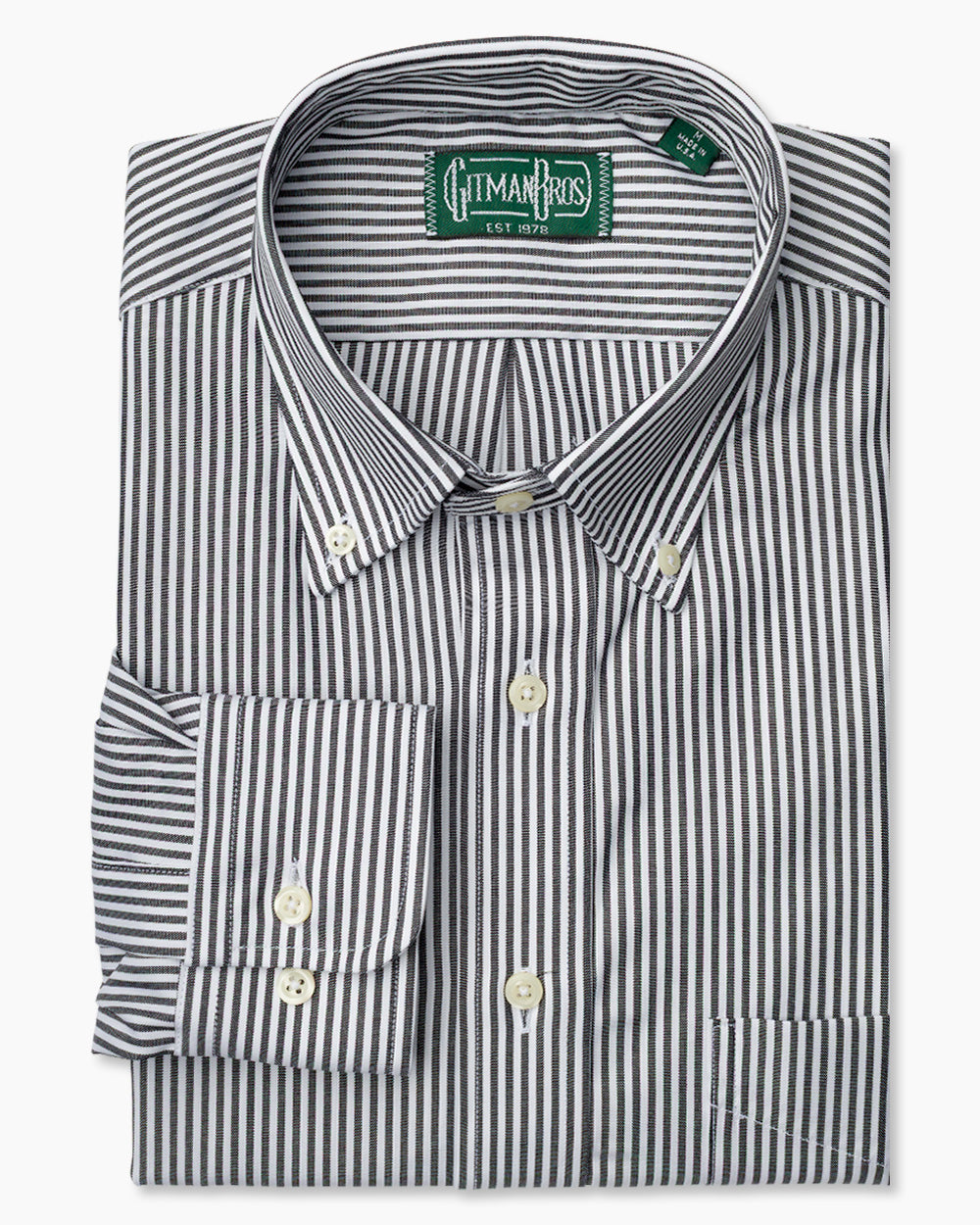 The Black Bengal Stripe shirt with a button down collar and white buttons on a stitched placket.