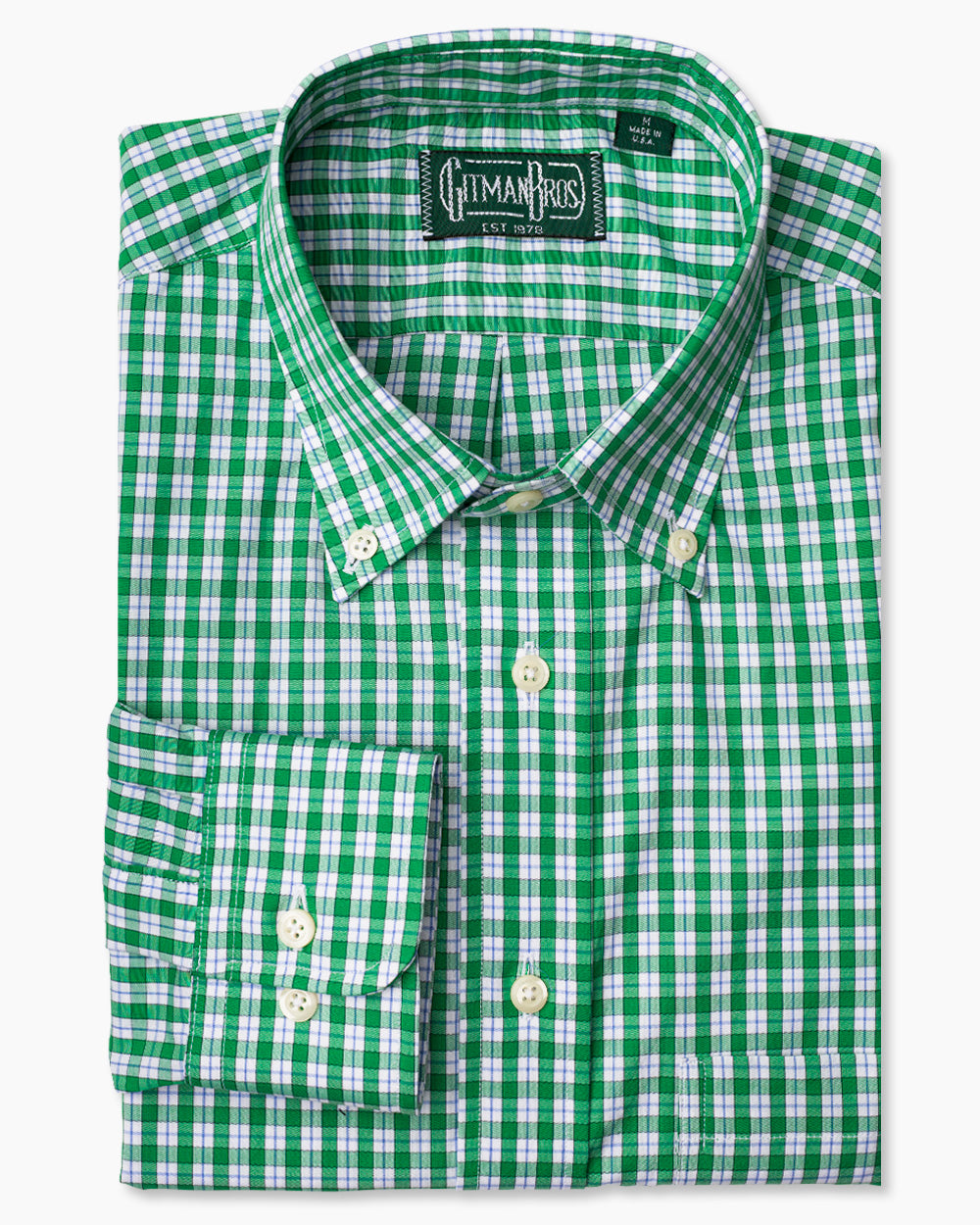 The Green Checked 120s Poplin sport shirt with a button down collar and white buttons on a stitched placket.