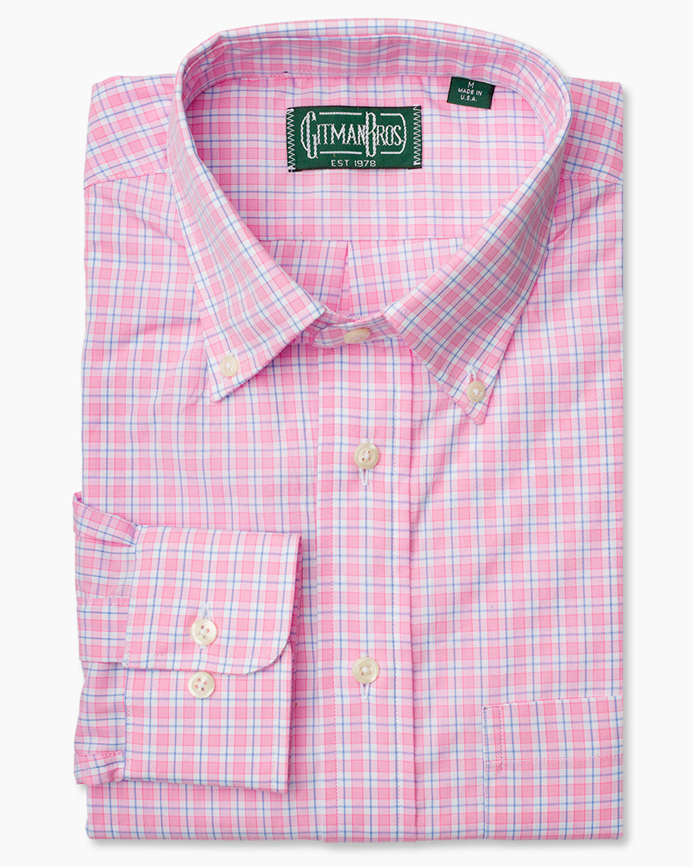 The Pink Checked 120s Poplin sport shirt with a button down collar and white buttons on a stitched placket.