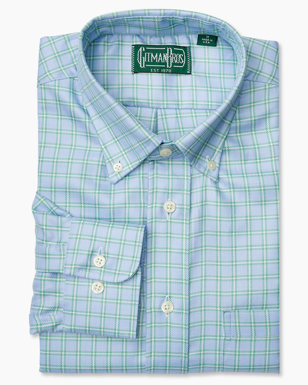 The Blue Windowpane 100s Twill shirt with a button down collar and white buttons on a stitched placket.
