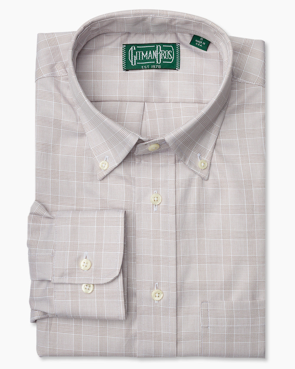 The Grey Prince of Wales shirt with a button down collar and white buttons on a stitched placket.
