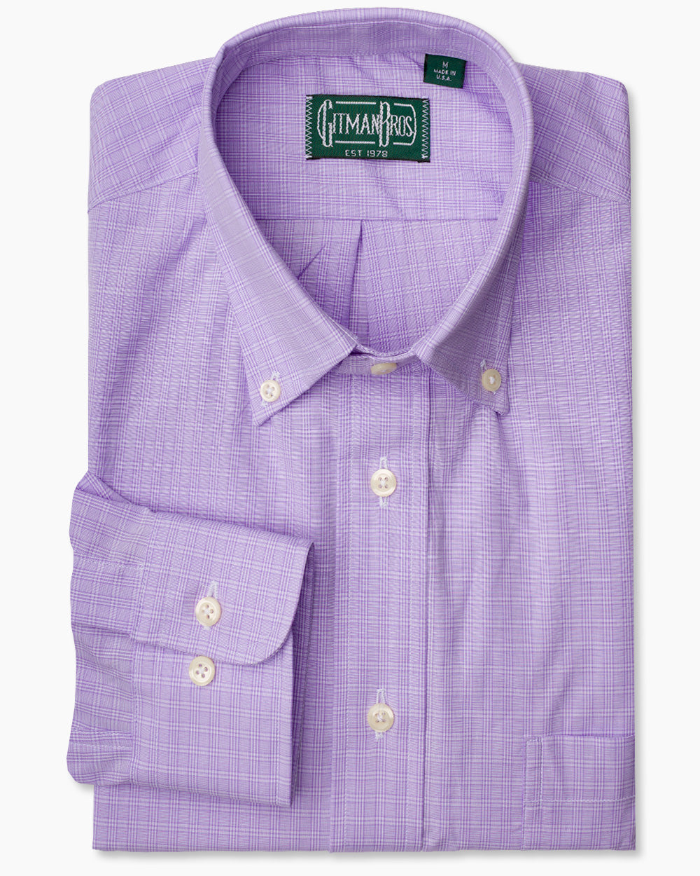 The Purple Prince of Wales shirt with a button down collar and white buttons on a stitched placket.