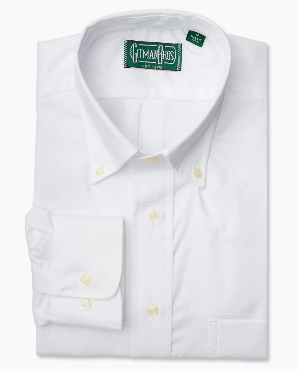 The White Zephyr Oxford shirt with a button down collar and white buttons on a stitched placket.