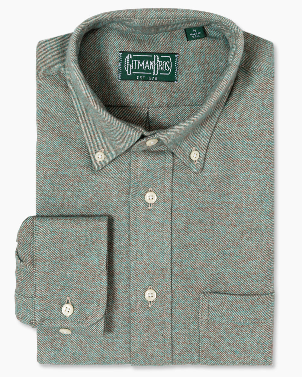 The Olive Brushed Twill sport shirt features soft brushed cotton, durable twill construction, button-down collar, adjustable cuffs, and chest pocket for versatile everyday menswear.