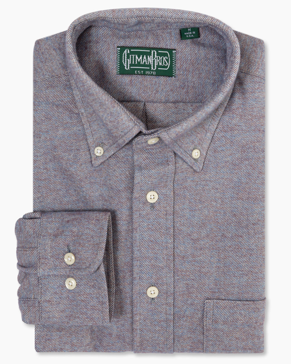 Blue Brushed Twill sport shirt in soft brushed cotton features a button-down collar, lined cuffs, chest pocket, and durable twill construction.