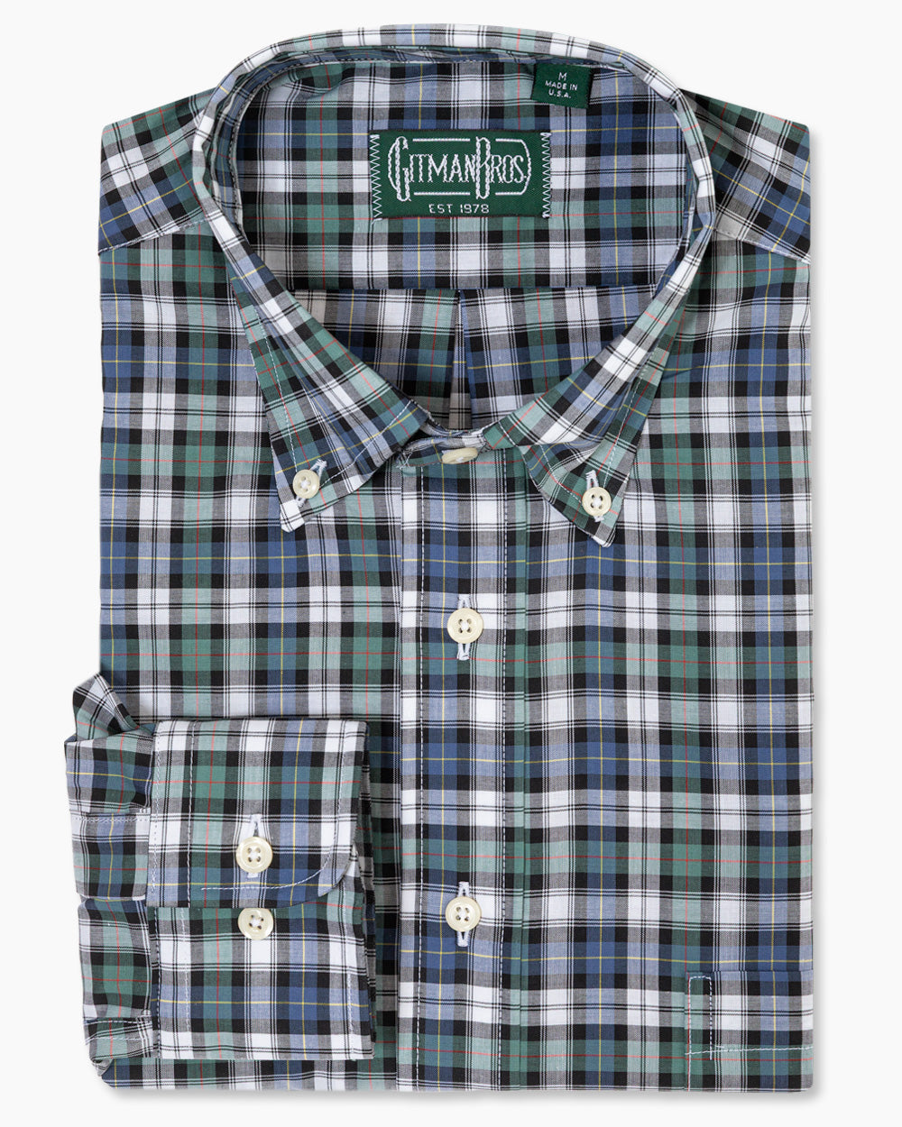 Daywatch Tartan Poplin sport shirt features lightweight cotton poplin, a classic tartan pattern, button-down collar, lined cuffs, and chest pocket for versatile menswear styling.