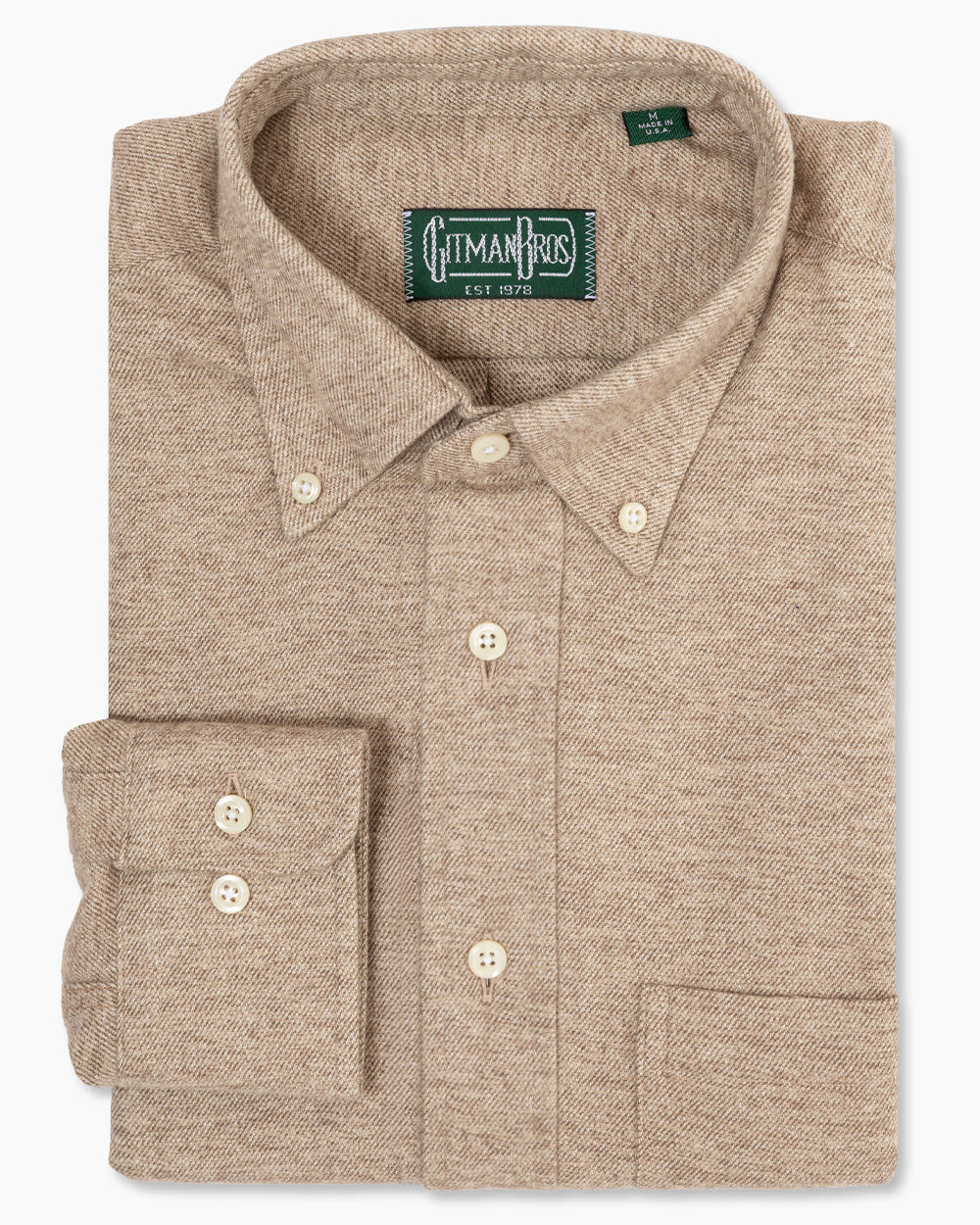 Cream Brushed Twill sport shirt in soft brushed cotton features a button-down collar, lined cuffs, chest pocket, and durable twill construction.