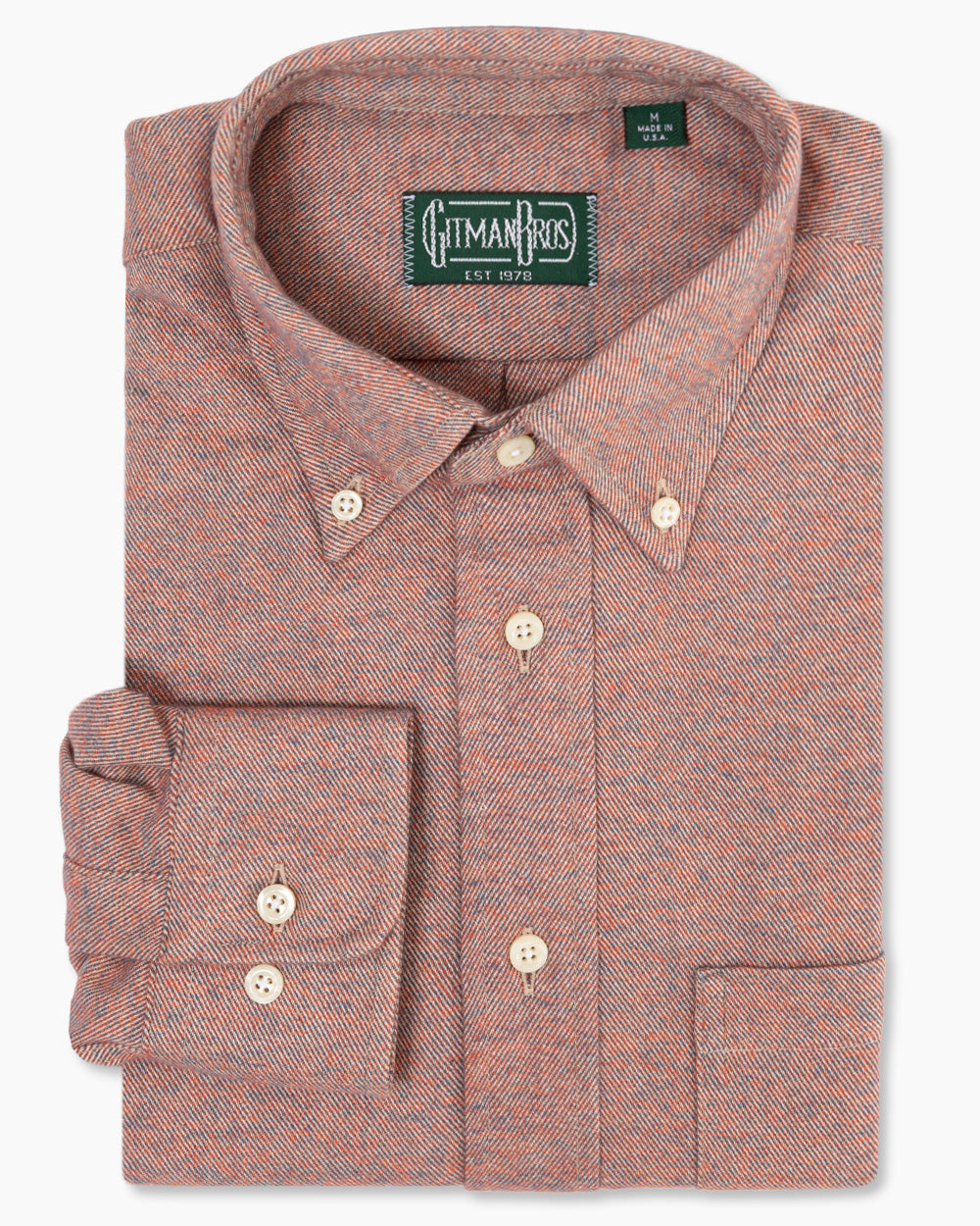 Burgundy Brushed Twill sport shirt in soft brushed cotton features a button-down collar, lined cuffs, chest pocket, and durable twill construction.