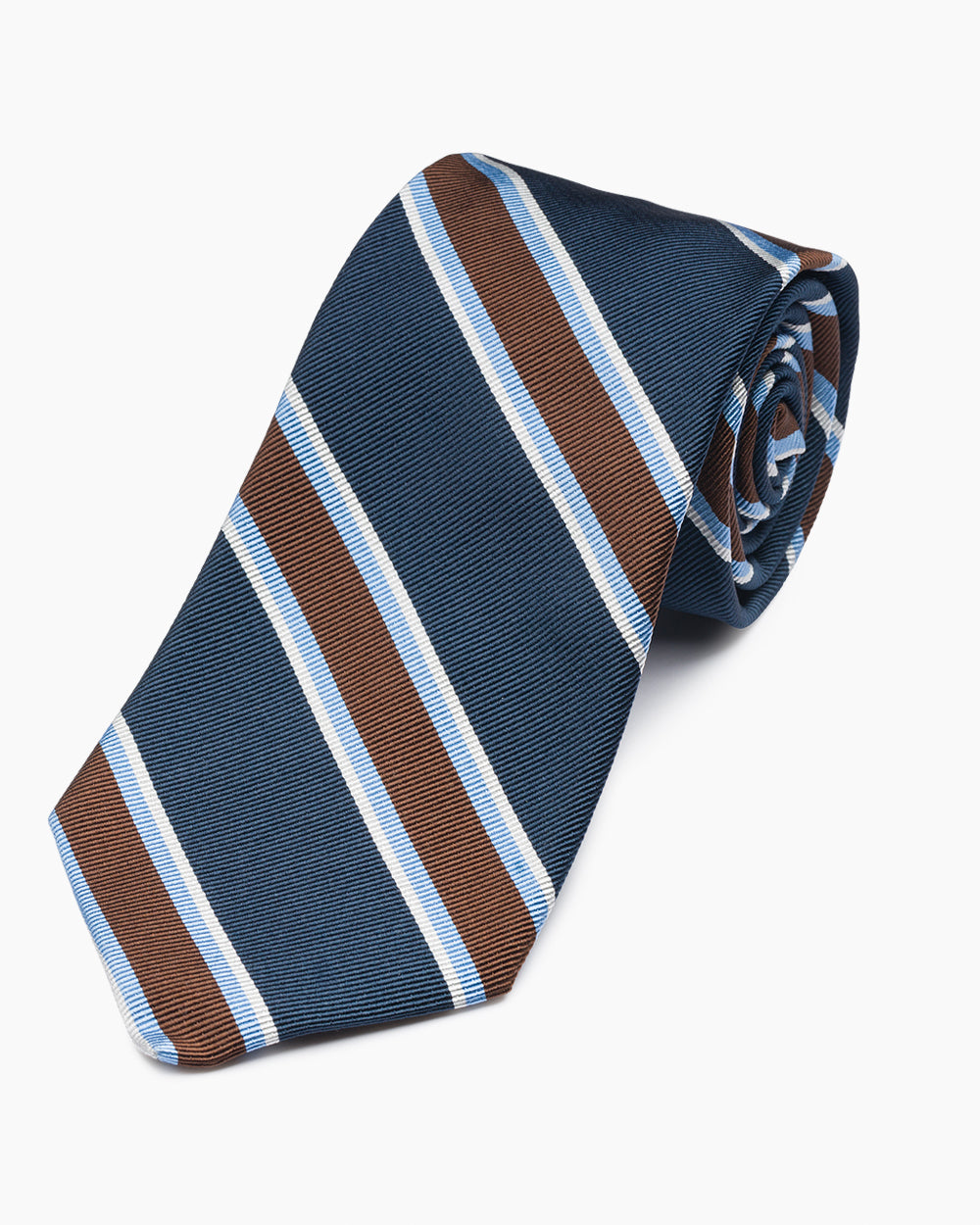 The Navy Repp Stripe Tie, crafted from 100% silk and hand-sewn in North Carolina. A refined striped design with subtle texture, natural drape, and timeless versatility.