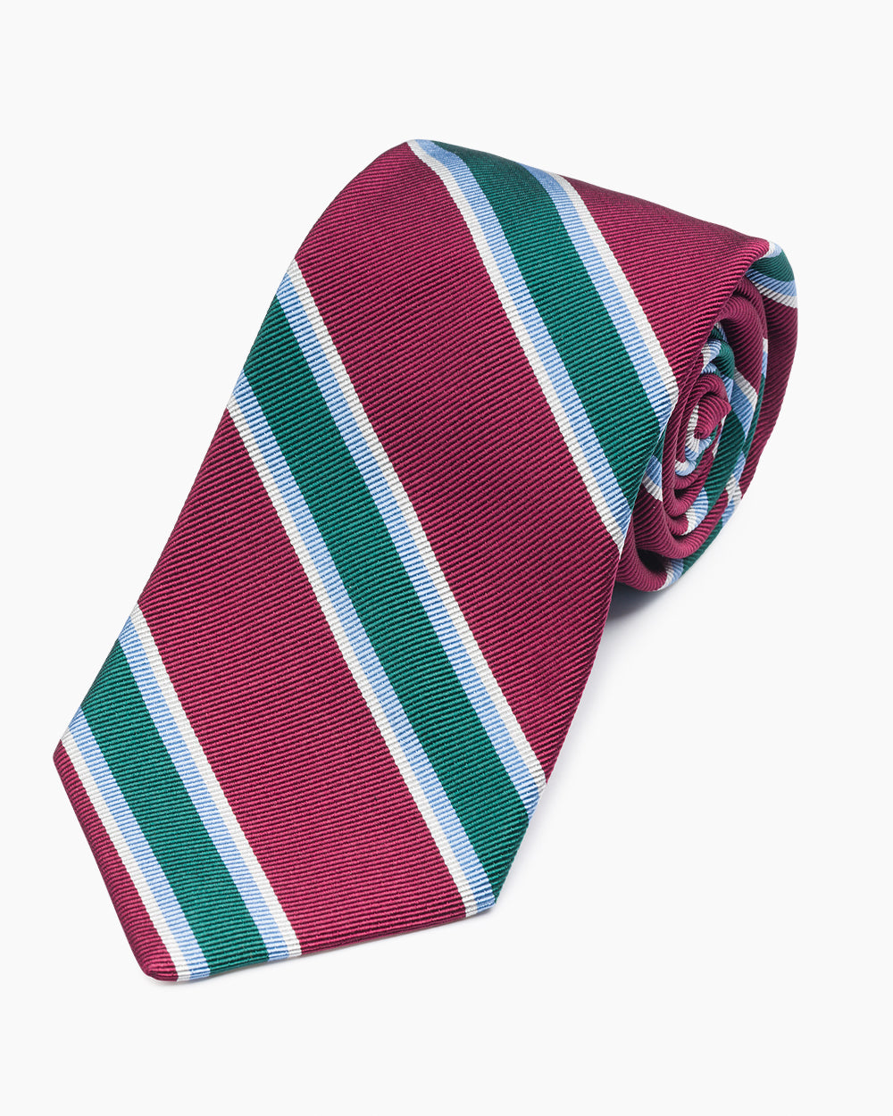 The Burgundy Repp Stripe Tie, crafted from 100% silk and hand-sewn in North Carolina. A refined striped design with subtle texture, natural drape, and timeless versatility.