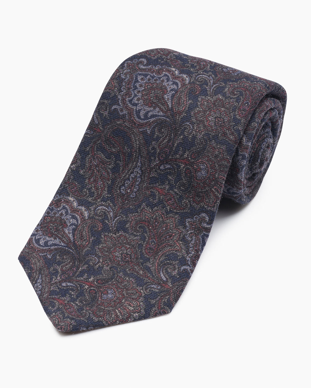 Navy Paisley Tie, crafted from 100% wool and hand-sewn in North Carolina. A refined, understated paisley design with a natural drape, ideal for tailored dressing.