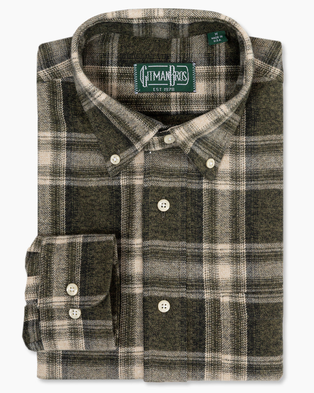 Olive Shadow Plaid sport shirt in brushed cotton features a button-down collar, lined cuffs, chest pocket, and classic plaid pattern for versatile menswear styling.