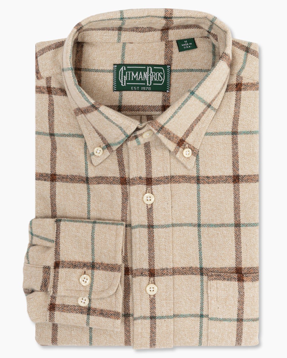 Cream Checked Flannel sport shirt in soft cotton features a classic check pattern, button-down collar, lined cuffs, and chest pocket for versatile menswear styling.