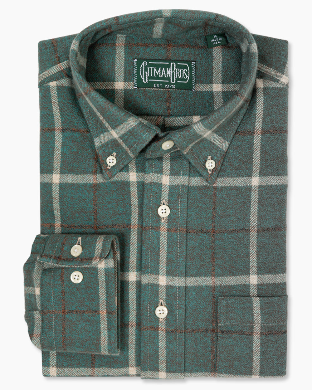 Teal Checked Flannel sport shirt in soft cotton features a classic check pattern, button-down collar, lined cuffs, and chest pocket for versatile menswear styling.
