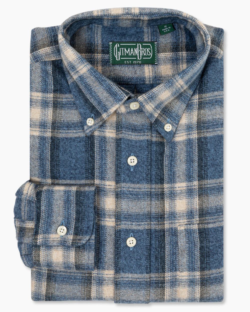 Blue Shadow Plaid sport shirt in soft brushed cotton features a classic plaid pattern, button-down collar, lined cuffs, and chest pocket for versatile menswear styling.