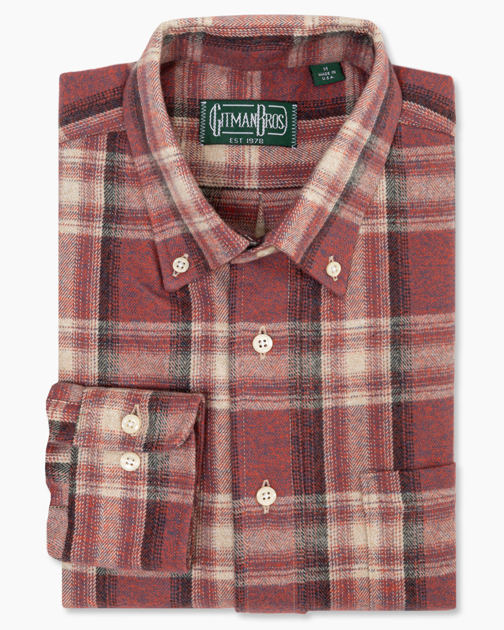 Burgundy Shadow Plaid sport shirt in soft brushed cotton features a classic plaid pattern, button-down collar, lined cuffs, and chest pocket for versatile menswear styling.