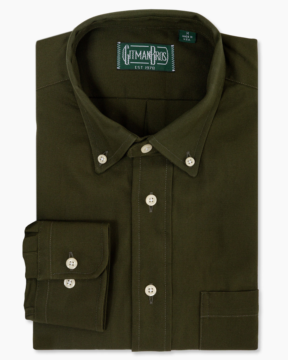 Olive Overdye Oxford sport shirt in cotton features a rich overdye finish, button-down collar, lined cuffs, chest pocket, and durable construction for everyday menswear.