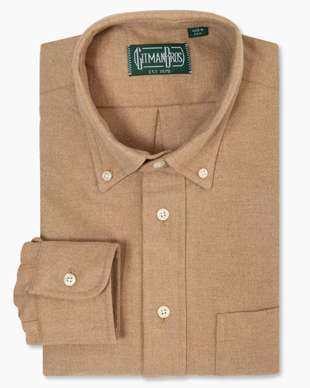 Tan Flannel sport shirt in soft cotton features a classic flannel texture, button-down collar, lined cuffs, and chest pocket for versatile menswear styling.