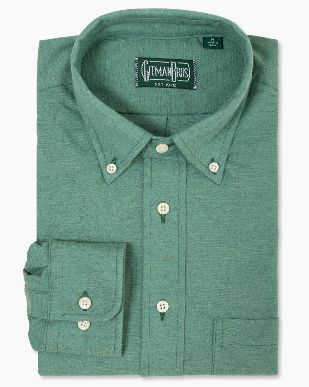 Teal Flannel sport shirt in cotton features a soft brushed finish, button-down collar, lined cuffs, chest pocket, and durable construction for everyday menswear.