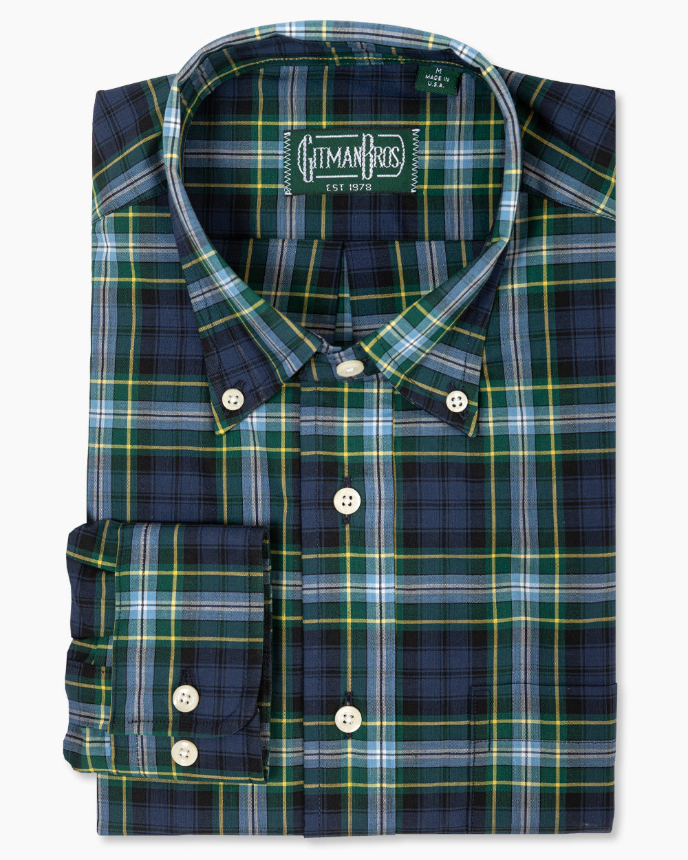 Blackwatch Tartan Poplin sport shirt in cotton features a classic tartan pattern, button-down collar, lined cuffs, chest pocket, and durable construction for versatile menswear.