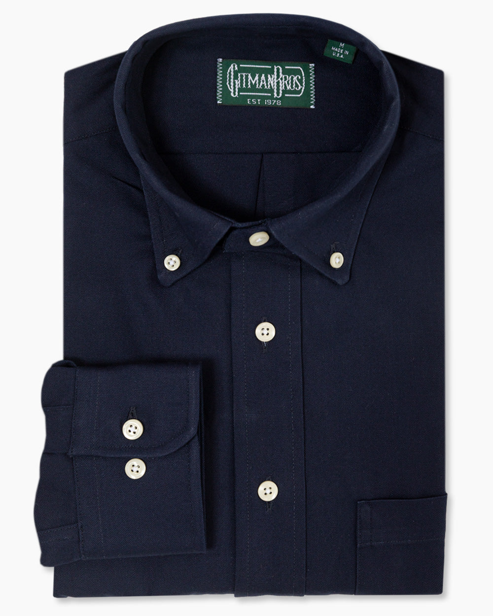 Navy Overdye Oxford sport shirt in cotton features a rich overdye finish, button-down collar, lined cuffs, chest pocket, and durable construction for everyday menswear.