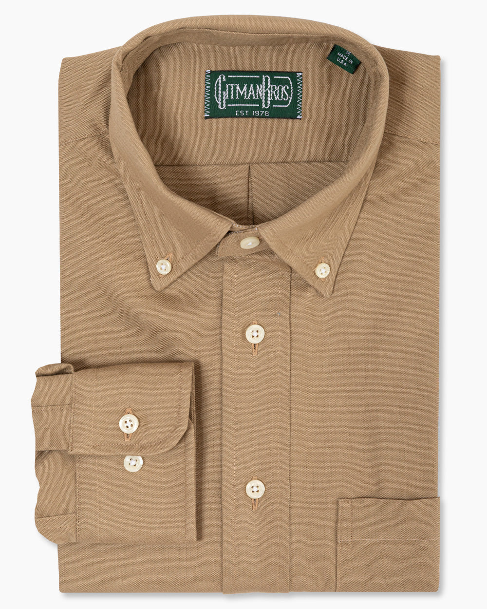 Tan Overdye Oxford sport shirt in cotton features a rich overdye finish, button-down collar, lined cuffs, chest pocket, and durable construction for everyday menswear.